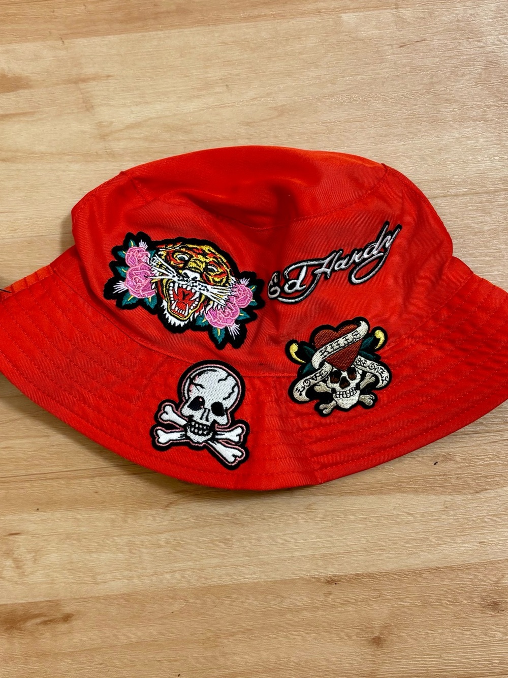 Ed Hardy Red Skull Tiger Embroidered Bucket Sun Hat